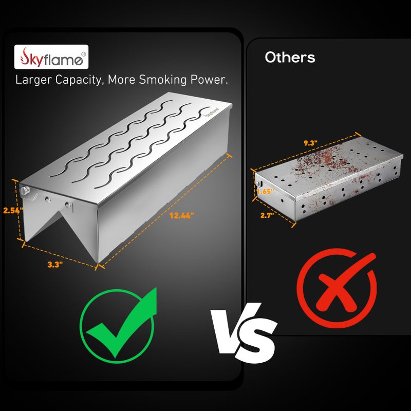 Skyflame Wood Chip Smoker Box, Stainless Steel Double V-shape BBQ Smoke Box with Hinged Lid for Charcoal & Propane Gas Grill, 12.5"(L) x 3.3"(W) x 2.5"(H), U.S. Design Patent - Image 3